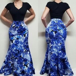 My Michelle Volup Blue White Floral Scuba Fitted Maxi Mermaid Skirt Prom Formal